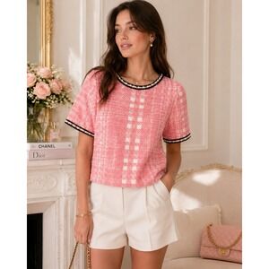 Voyelles Pink White Plaid Pearl Trim Short Sleeve Knit Top Size L Boucle Style